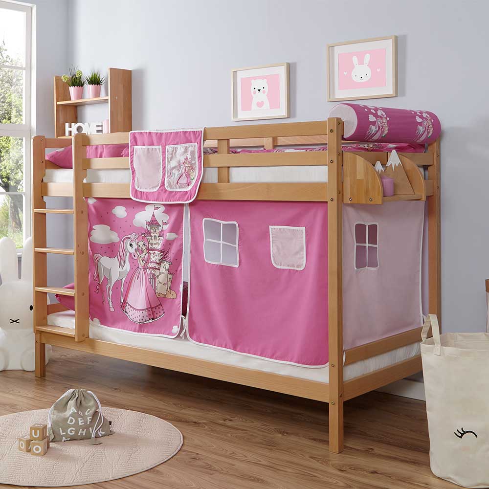 Buche Etagenbett fürs Kinderzimmer 90x200 cm mit Textilset Prinzessin Pink Gero