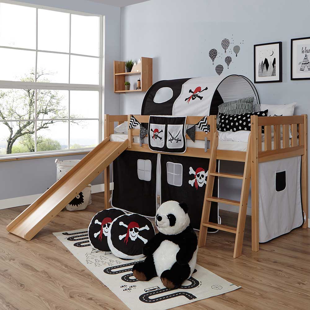 Buchenholz Kinderhochbett mit Rutsche & Textilset Pirat Schwarz Weiß Florence