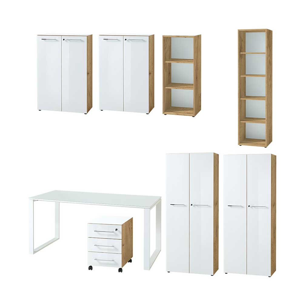Büro Einrichtung Möbel Set in Weiß Glas & Wildeiche Dekor Laszlo
