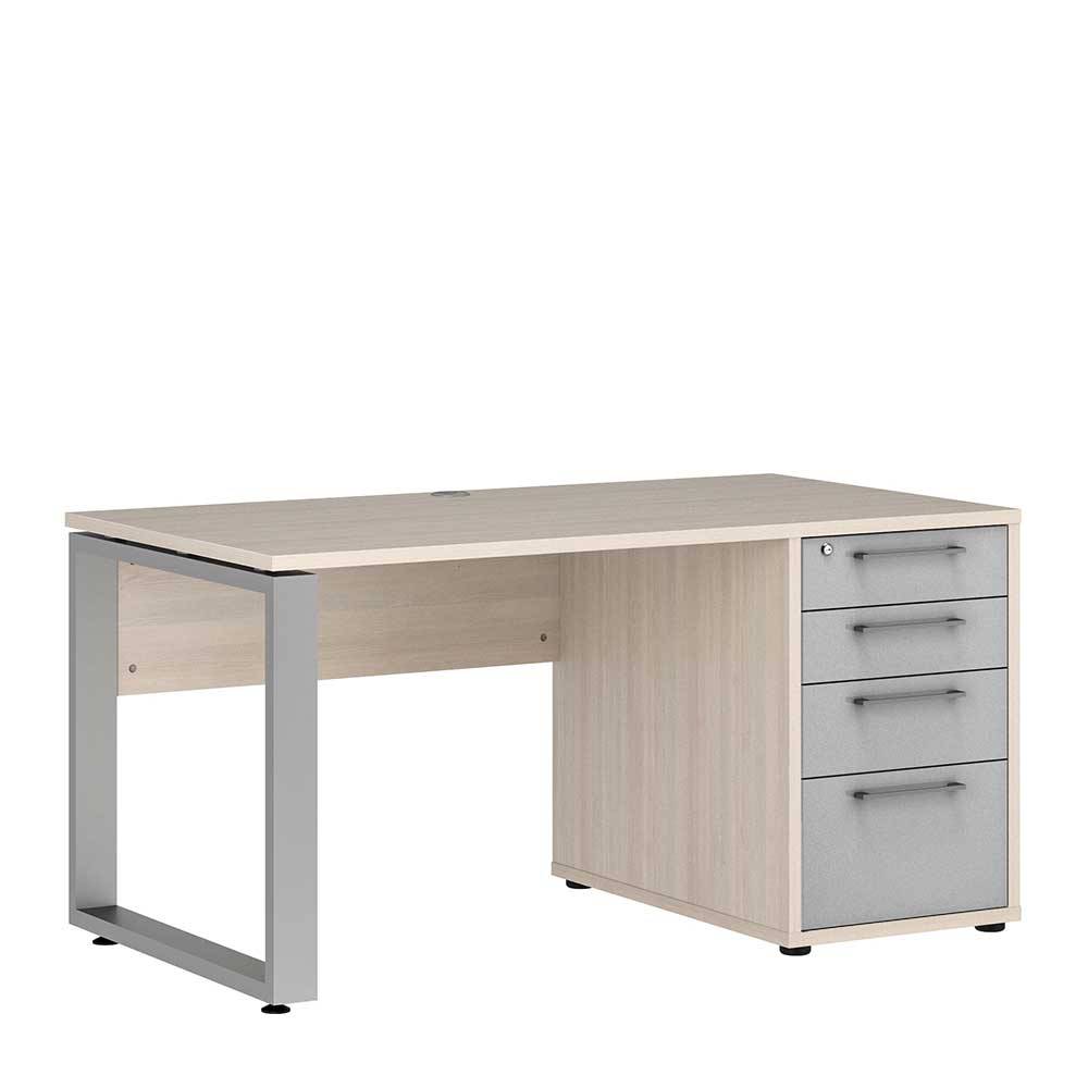 Büro Schreibtisch abschließbar in Hellgrau HG und Holz White Wash Dekor Sojette