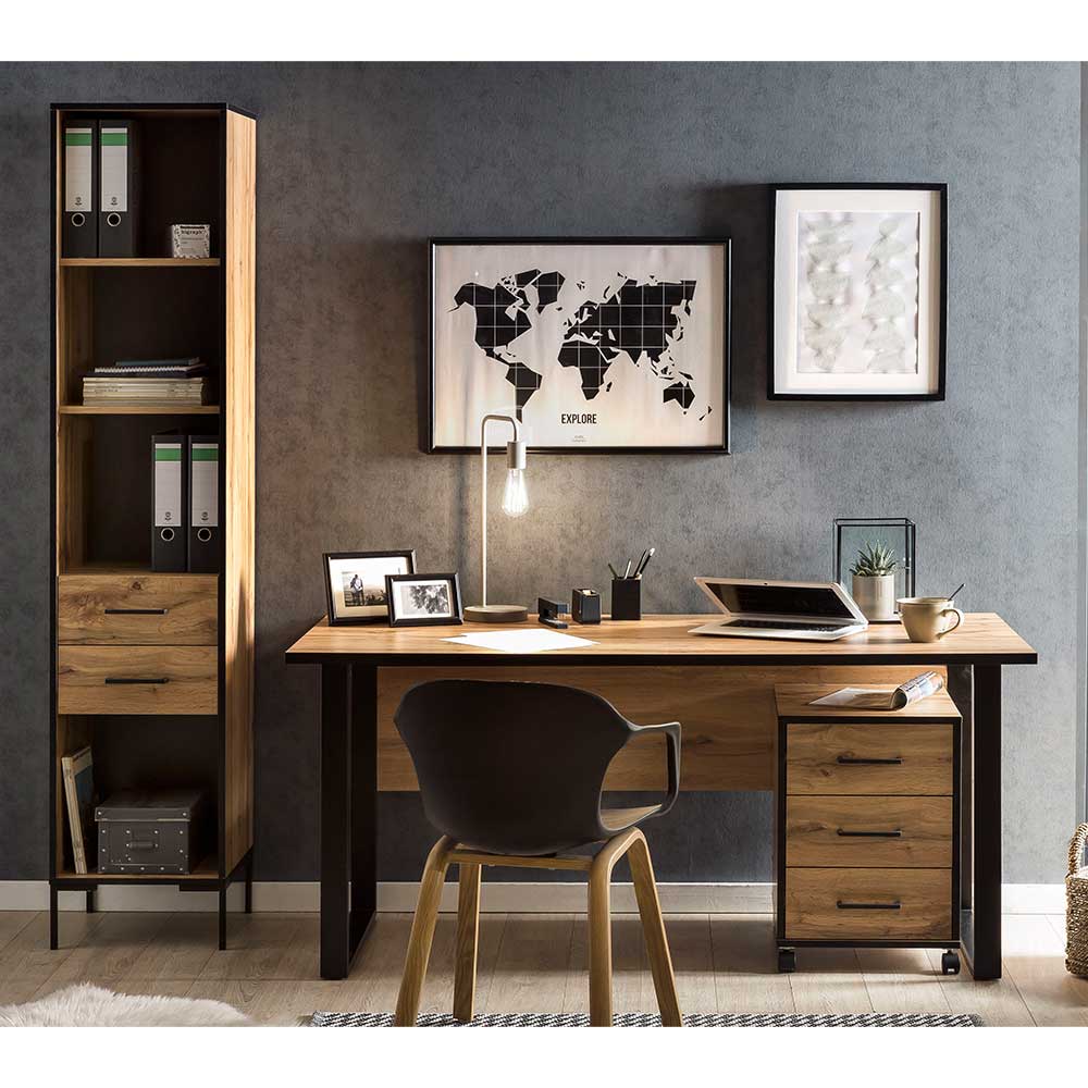 Büro Schreibtisch & Regal Set in Eiche Optik & Schwarz Zustic
