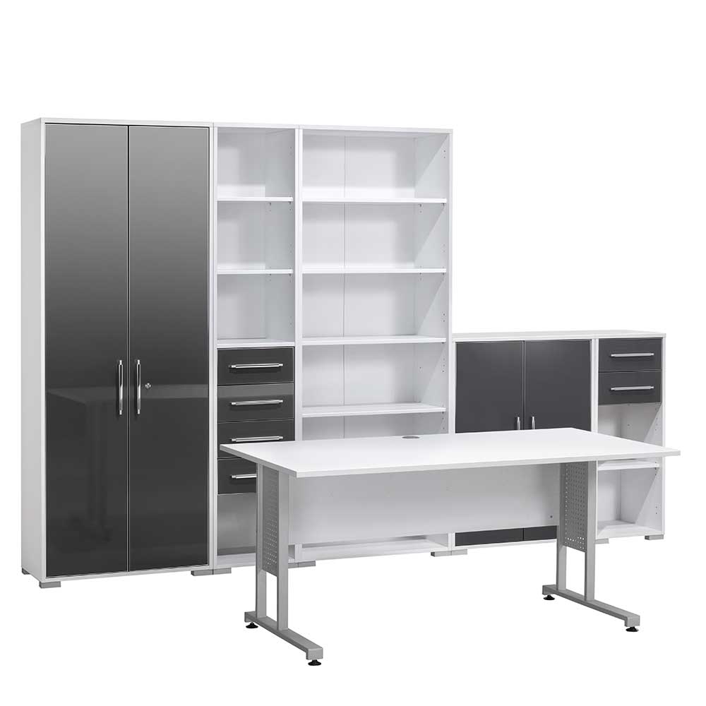 Büroschränke Set & Schreibtisch modern in Weiß & Grau Hochglanz Kriscas