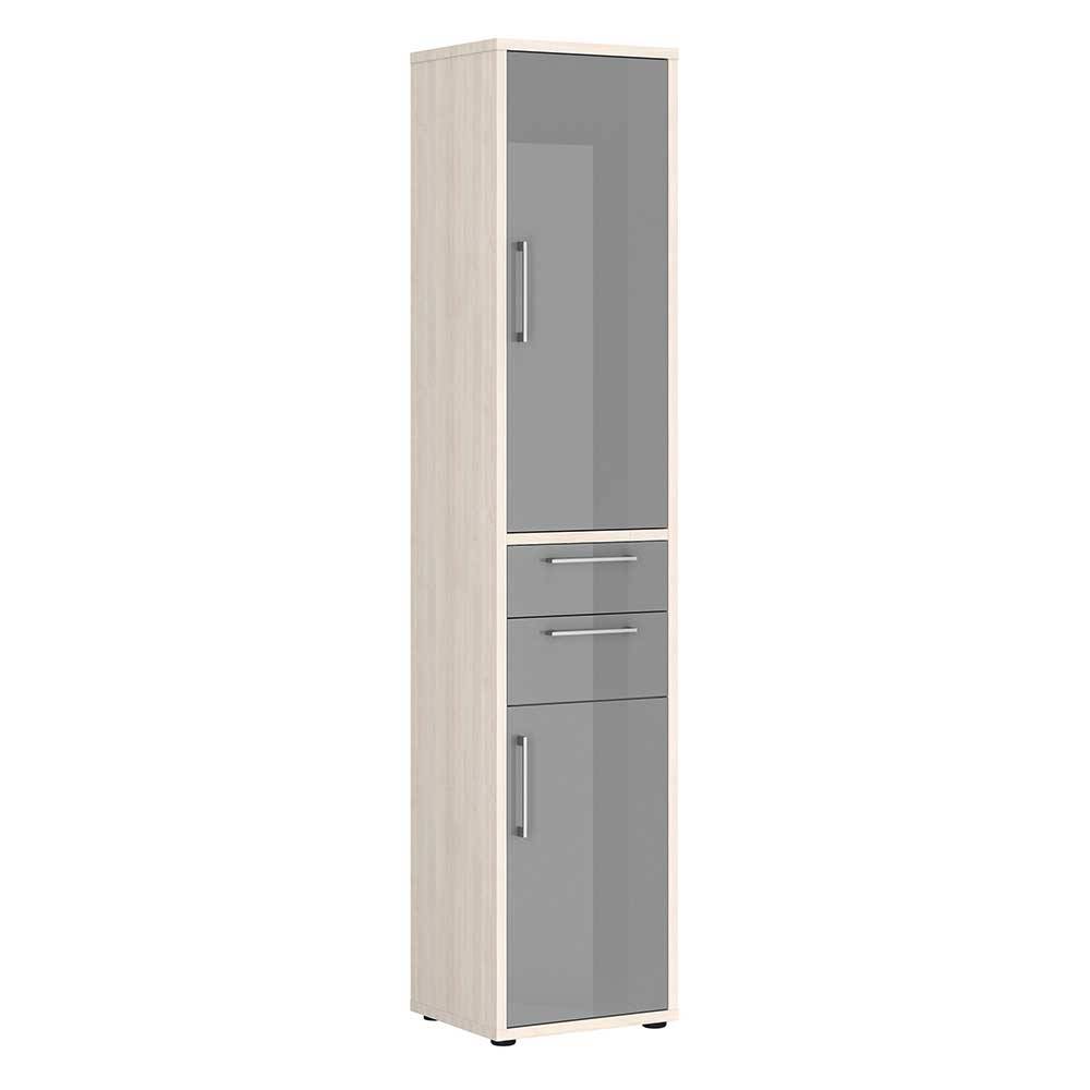 Büroschrank in Hellgrau HG & White Wash Holz - 2 Türen & 2 Schubladen Sojette