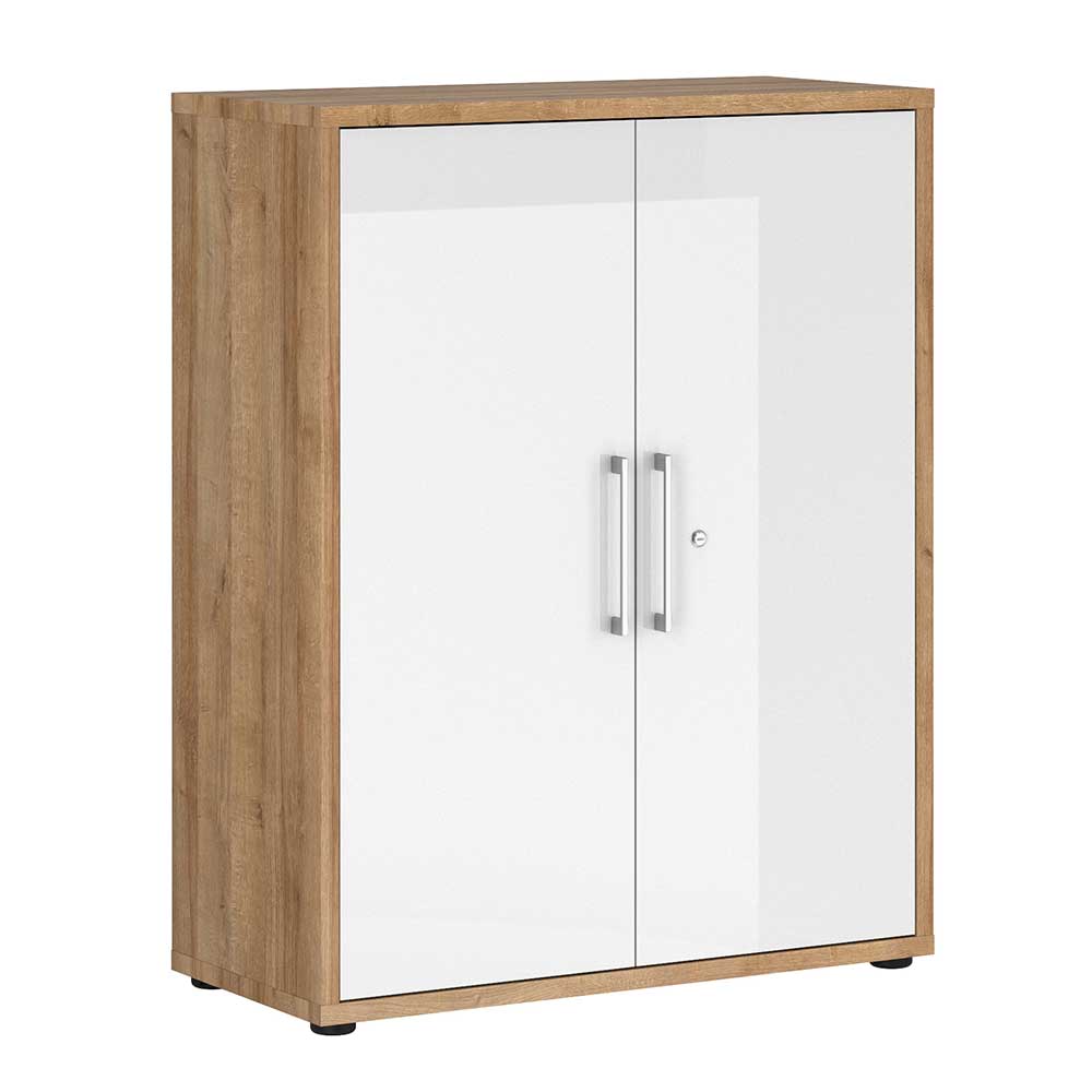 Büroschrank mit Doppeltür abschließbar in Weiß HG & Eiche Dekor Dreamings