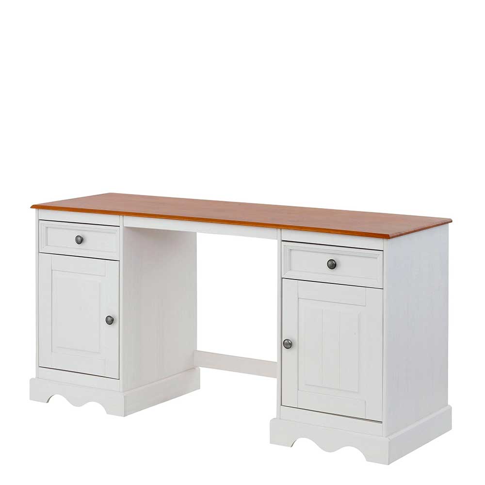 Country Chic Schreibtisch in Weiß & Honig aus Kiefer Massivholz Seegvas