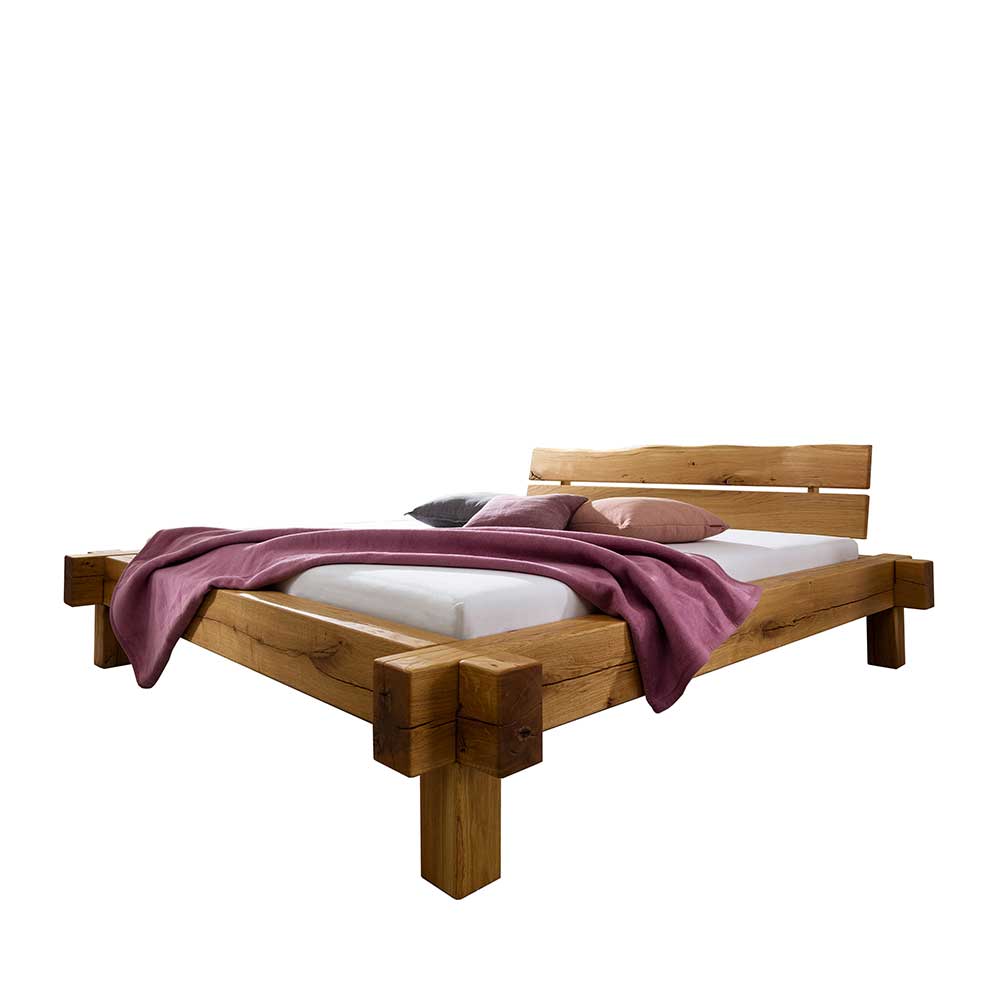 Country Style Balkenbett mit Baumkante Kopfteil aus Wildeiche Fabiella