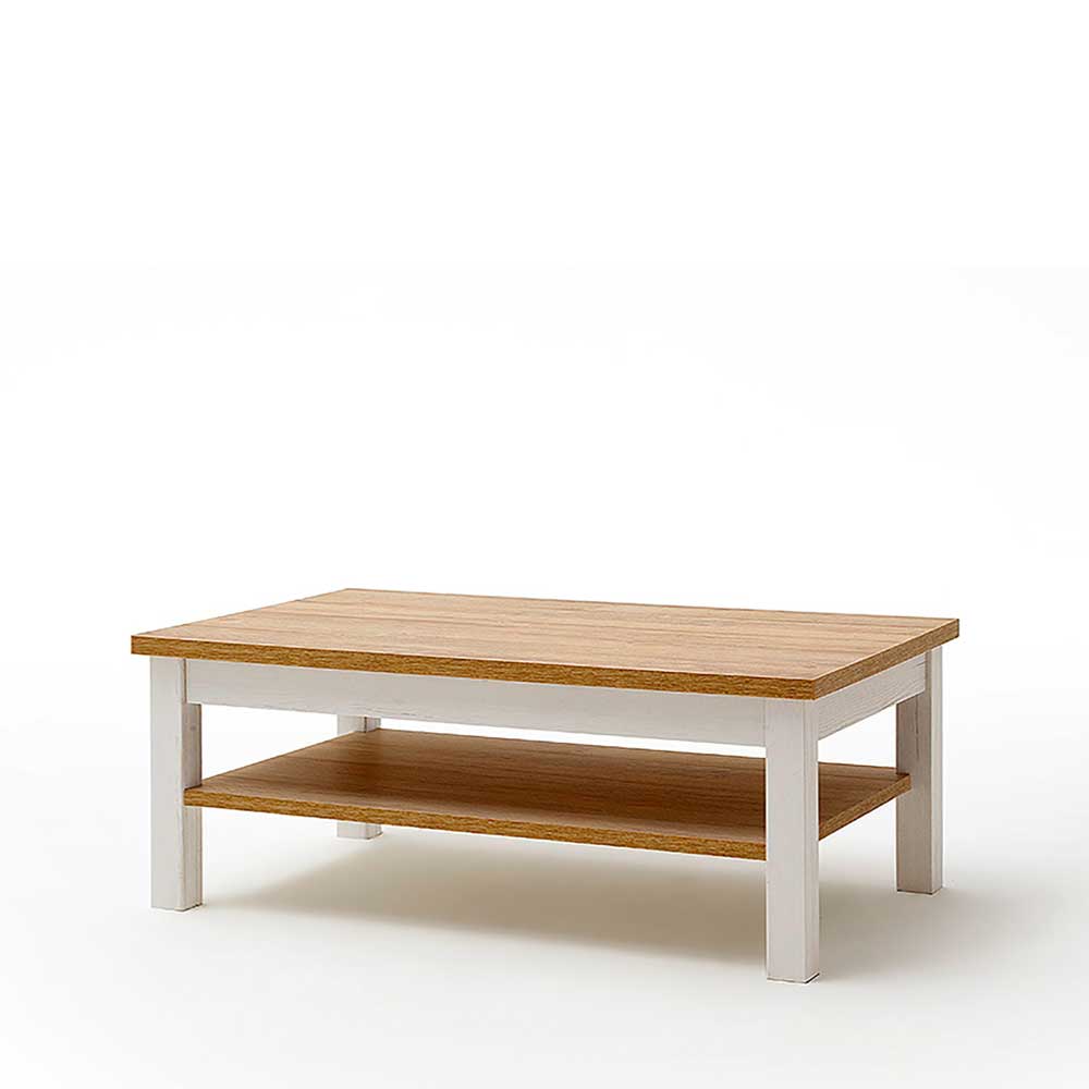 Country Wohnzimmer Tisch mit Ablageplatte in Weiß & Eiche Holz Optik Samula