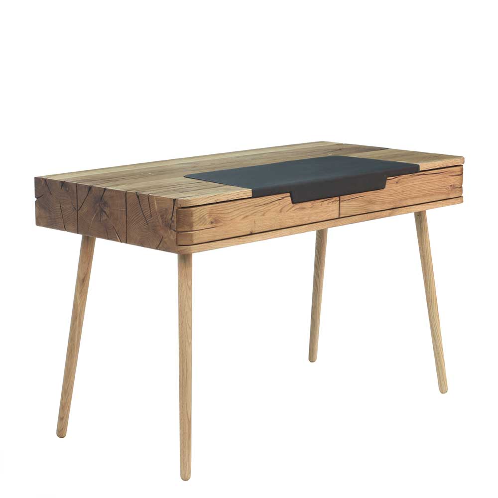 Design Asteiche Schreibtisch mit Leder Auflage & 2 Schubladen Vastillo