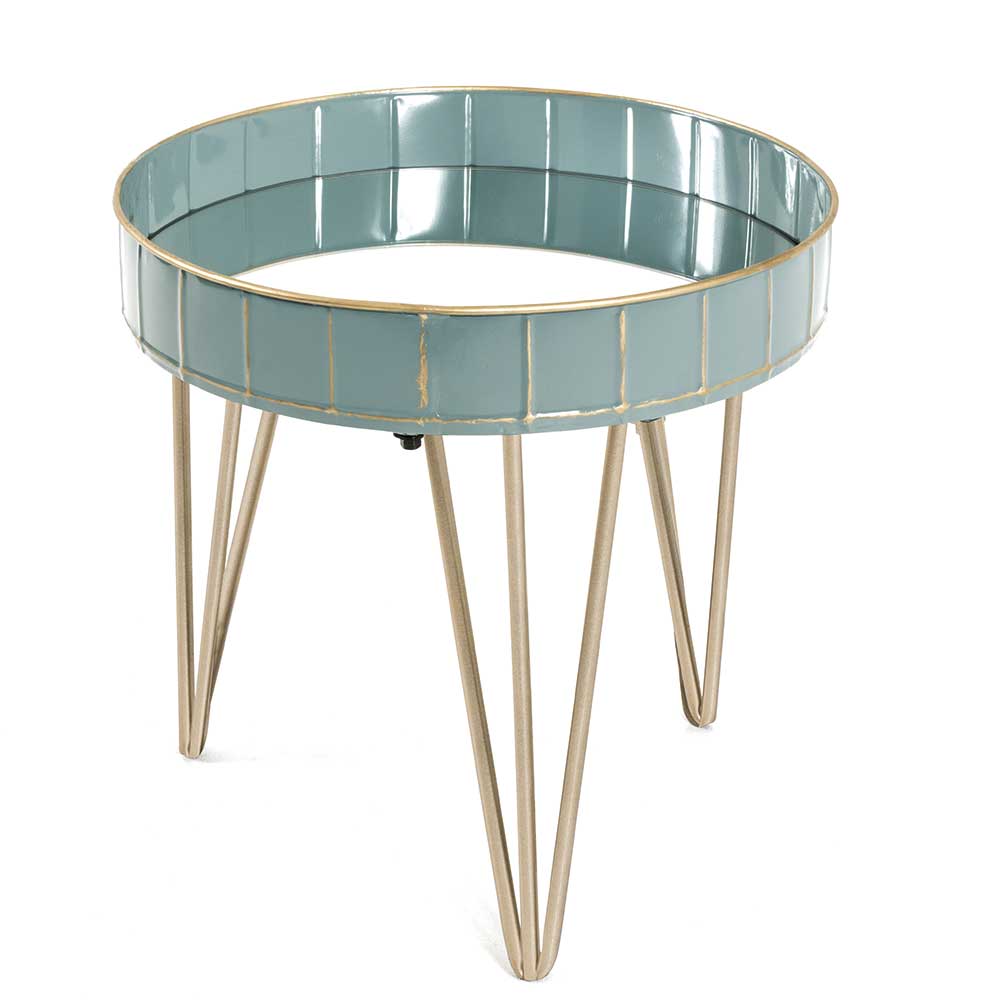 Design Beistelltisch aus Stahl in Türkis & Bronze mit Spiegelglas Platte Dosabrinas