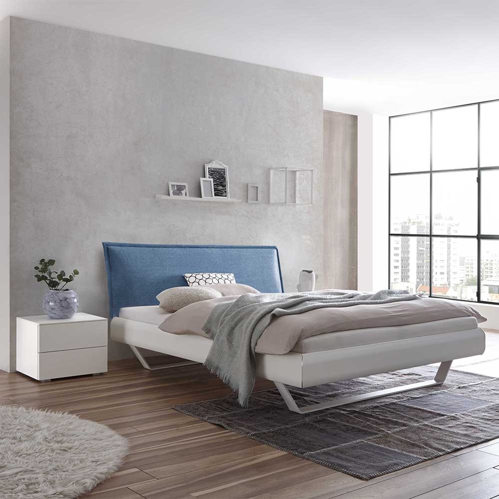 Design Bettanlage in Weiß & Blau - Doppelbett & Nachtkommoden Thony