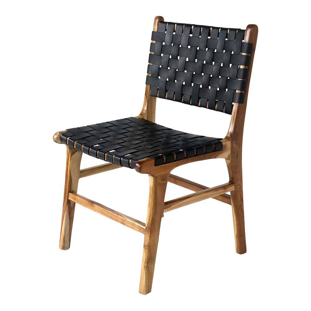 Design Esszimmerstühle aus Leder Geflecht Schwarz und Teak Massivholz Nevis