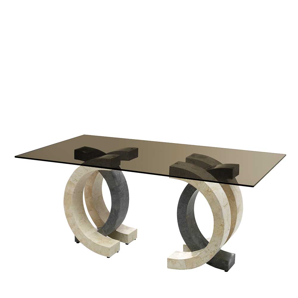 Design Esszimmertisch mit Glasplatte Bronze & Stein Beinen in Beige Grau Dariofa