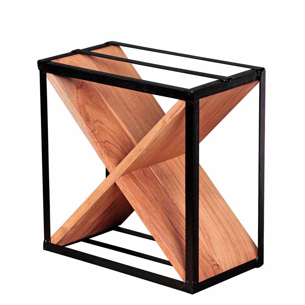 Design Flaschenregal X-Form Holz Akazie massiv Metall schwarz Buniato