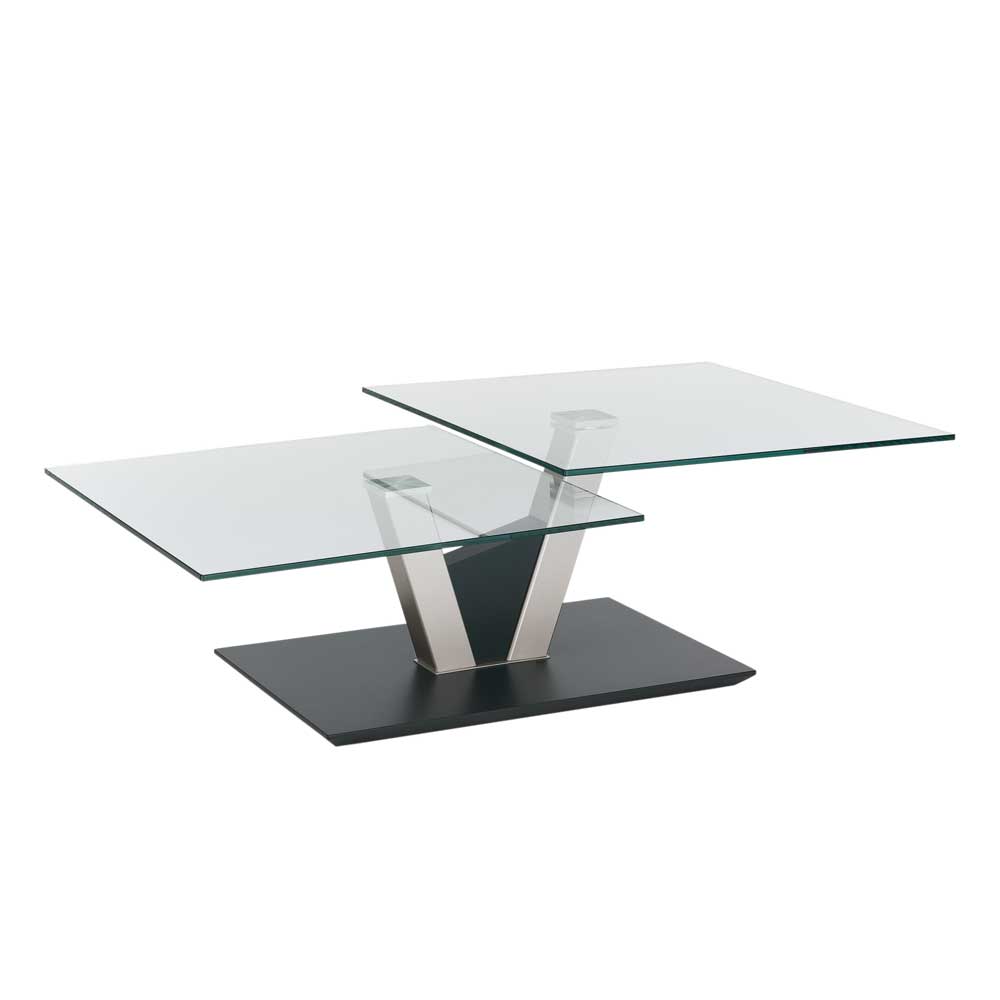 Design Glas Couchtisch mit schwenkbarer Tischplatte auf Säulengestell Exotica