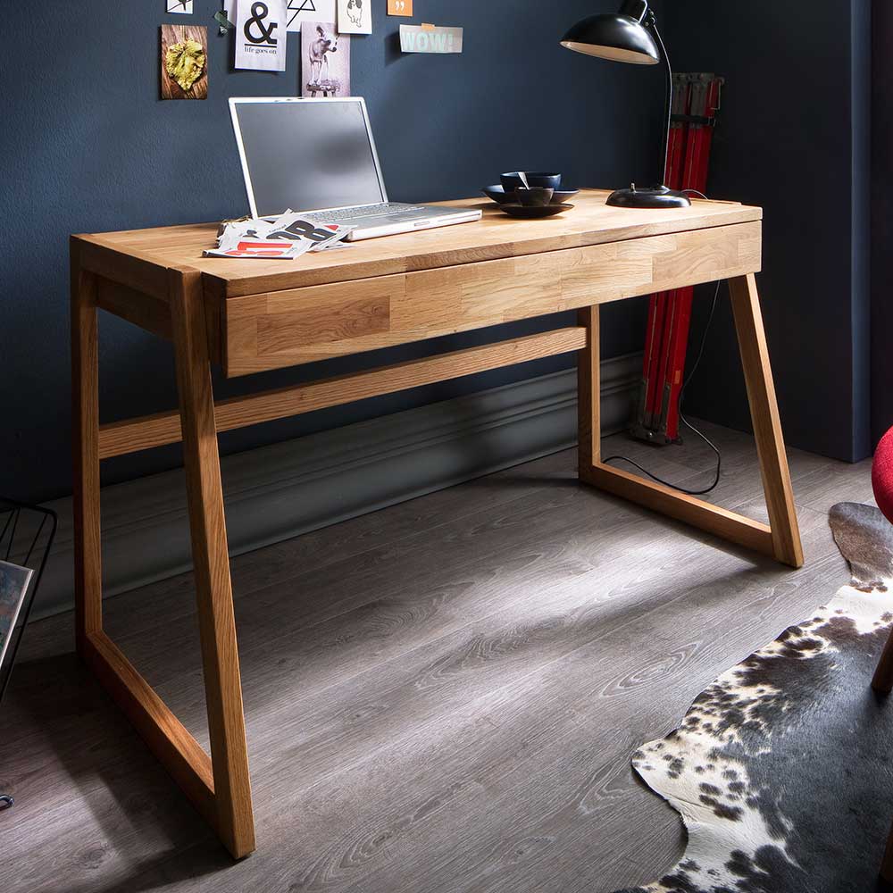 Design Holz Schreibtisch aus Wildeiche mit Schublade 126x55 cm Susana