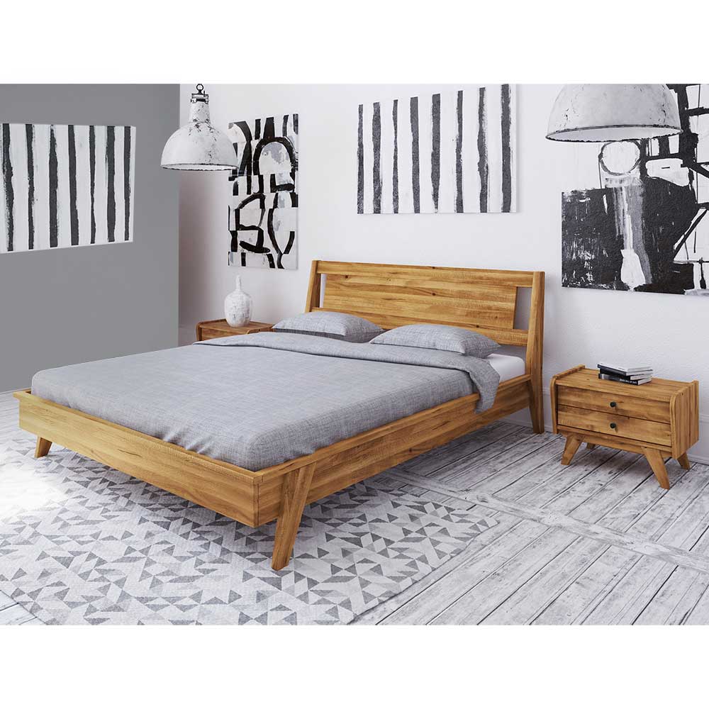 Design Holzbett aus Wildeiche mit Nachtkommoden im Set Hardus