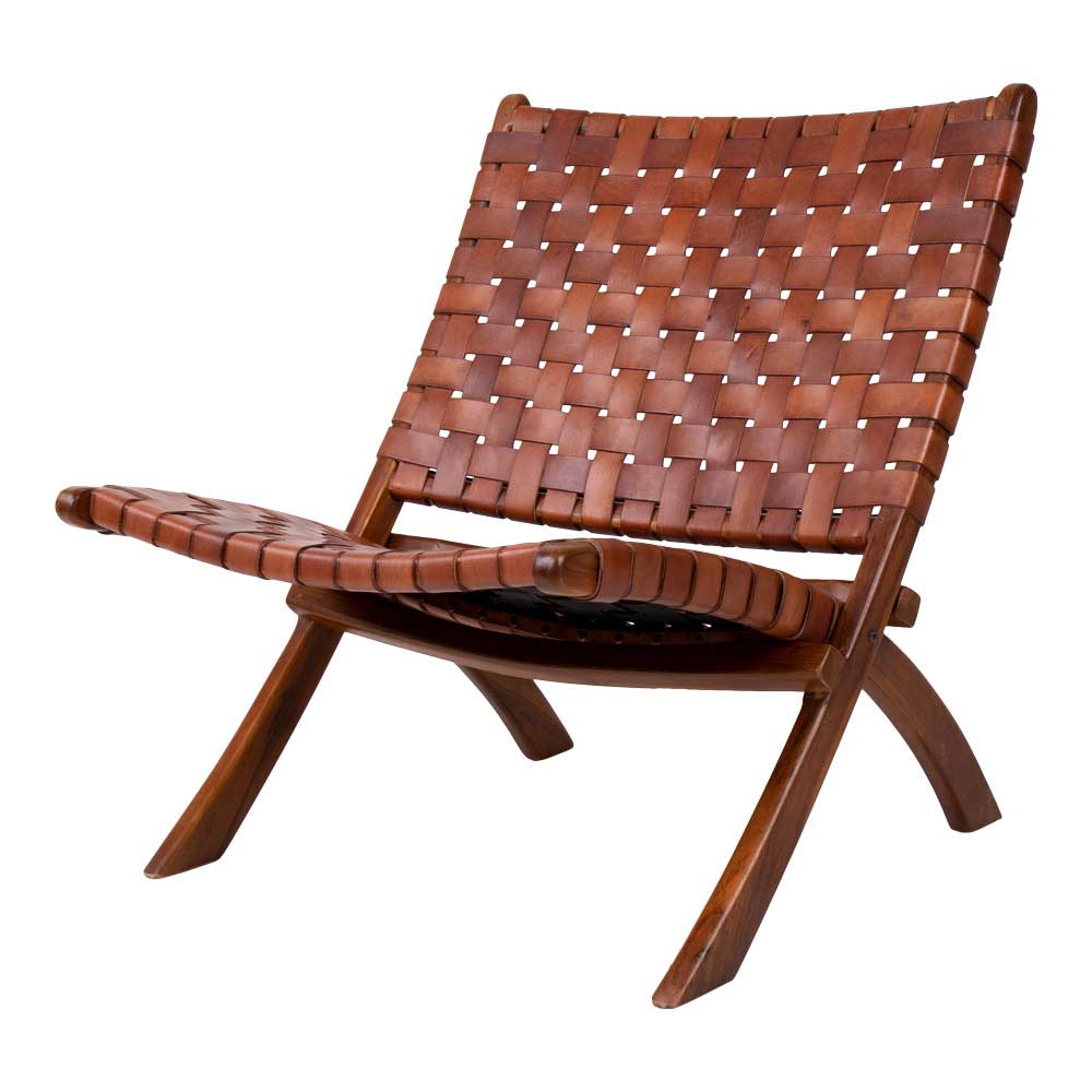 Design Lounge Stuhl aus Leder Geflecht & Teak Holz Braun Maisu