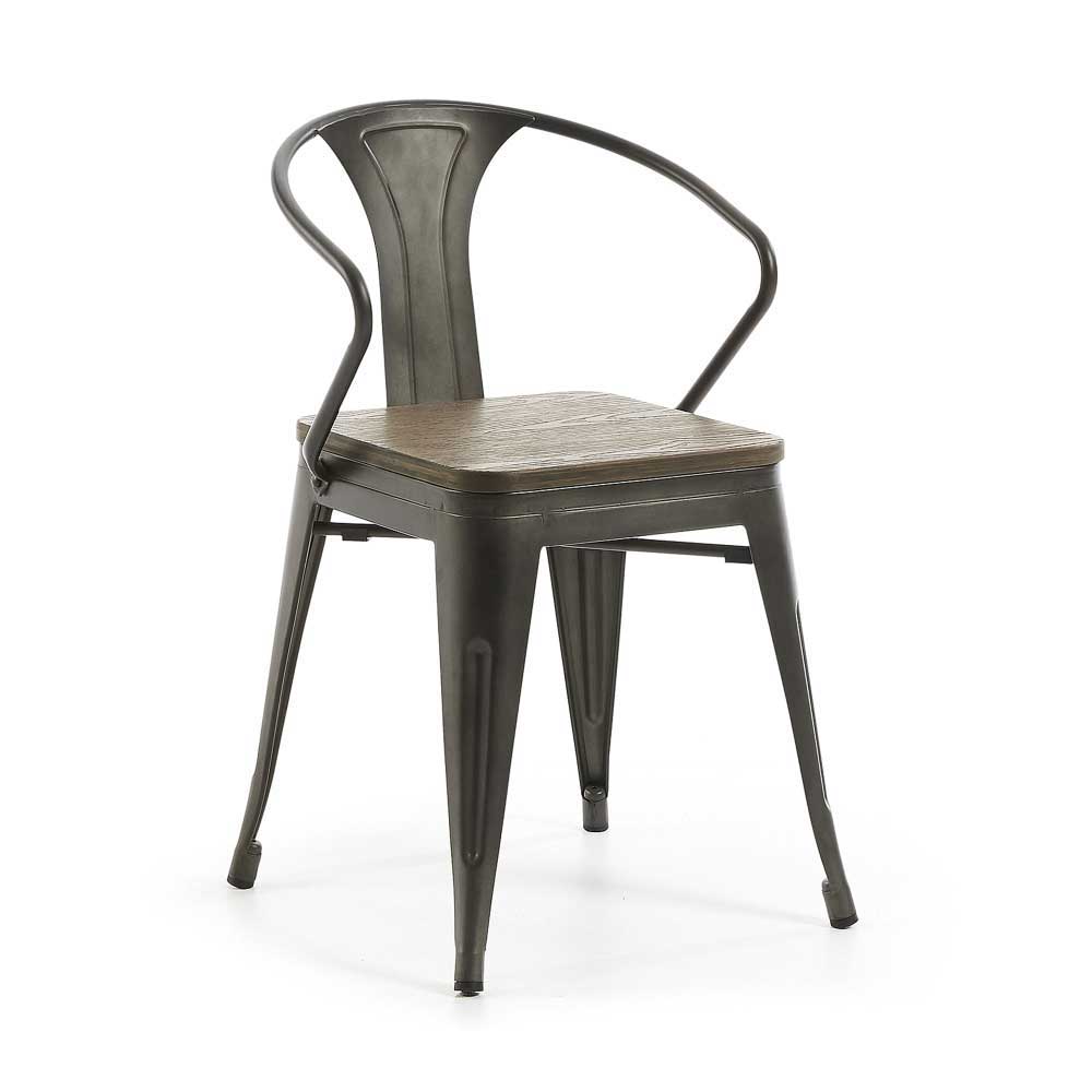 Design Metallstuhl für Garten in Grau mit Bambus Sitz Look