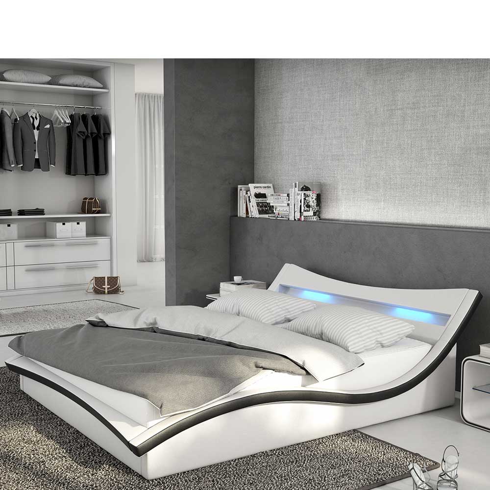 Design Polsterbett mit LED Licht Kopfteil aus Kunstleder in Weiß & Schwarz Alice