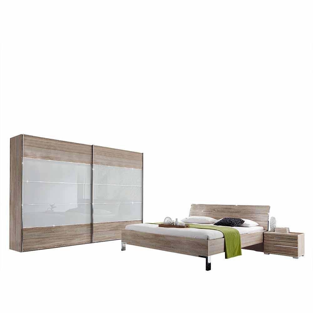 Design Schlafzimmer Set Weiß und Eiche sägerau mit Doppelbett und Schwebetürenschrank Baxura
