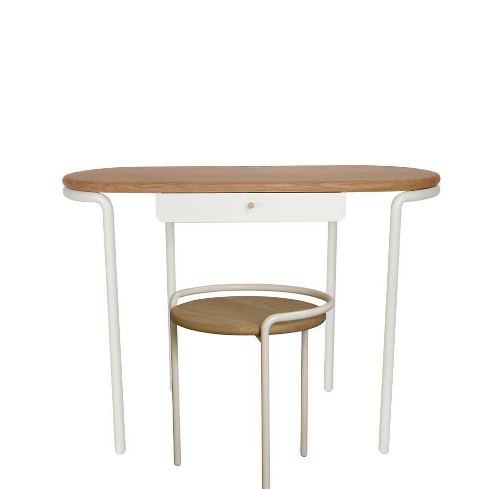 Design Schreibtisch & Hocker in Weiß aus Stahl & Massivholz Fiolpedo