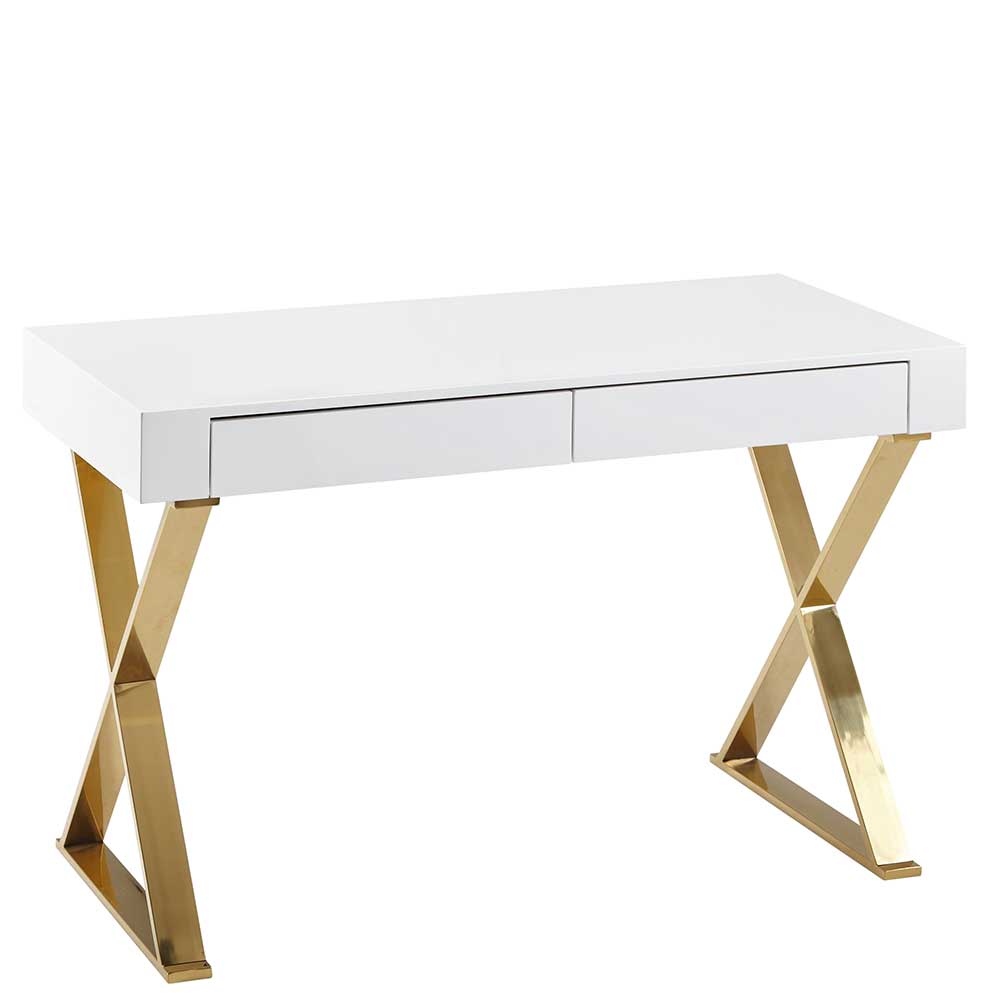 Design Schreibtisch in Weiß Hochglanz mit X Füßen in Gold Galiana