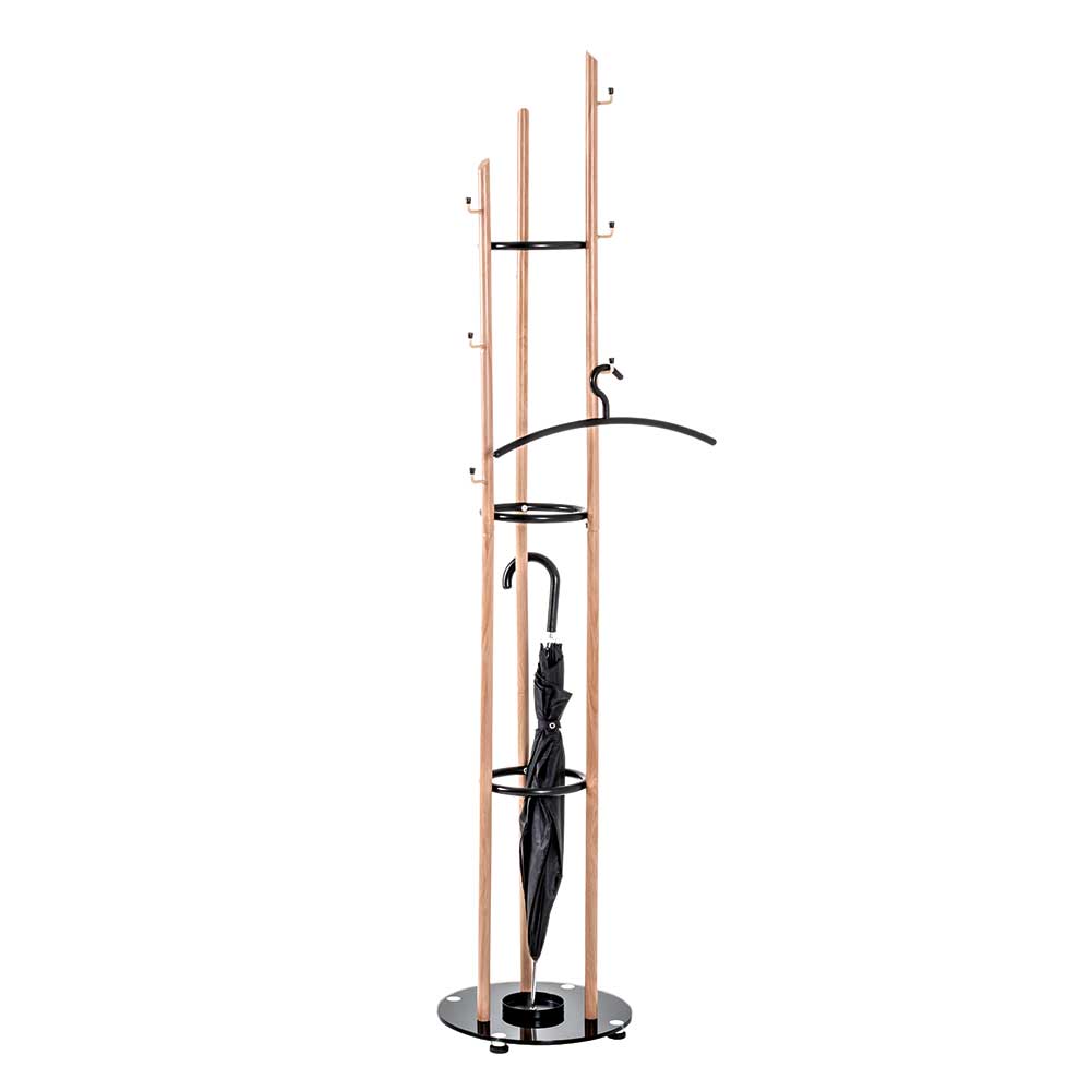Design Standgarderobe mit Schirmständer aus Schwarzglas & Stahl in Buche Optik Marionco