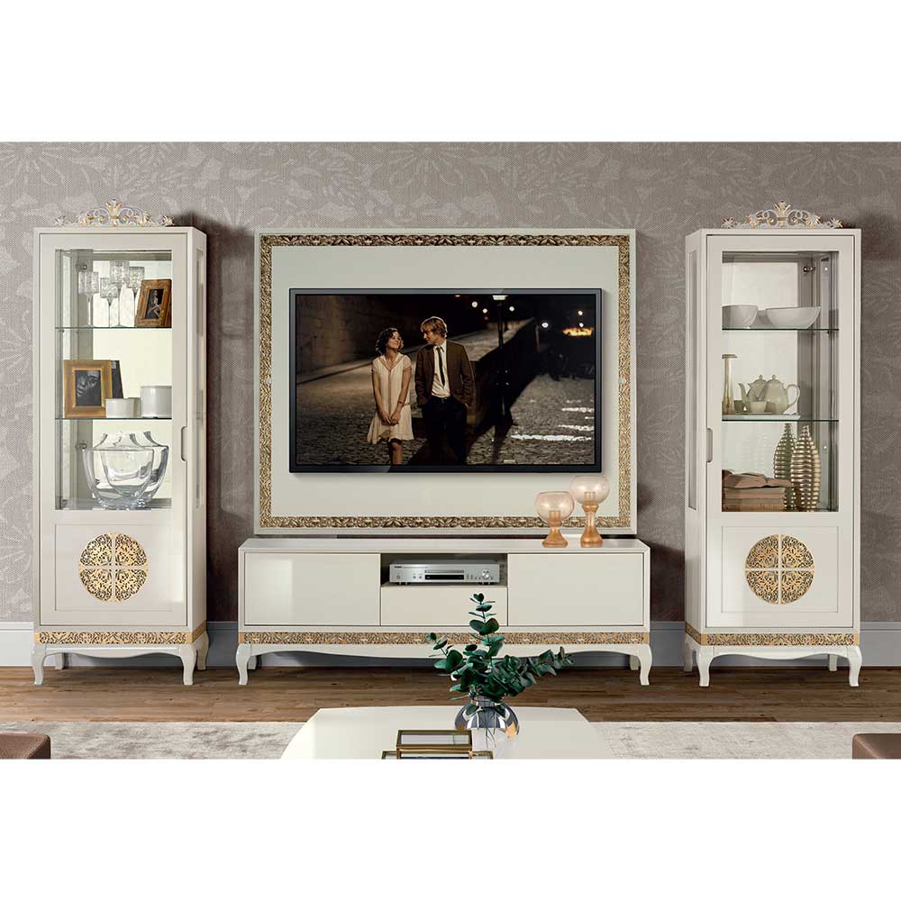 Design TV Wand in Weiß & Gold - izalienisches Design Valganios