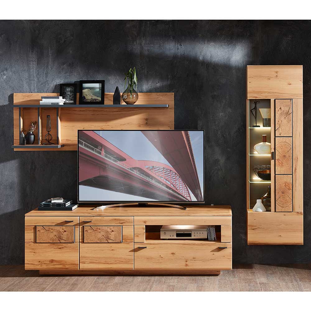 Design Wohnwand Möbel in Kernbuche Holz-Nachbildung Montat