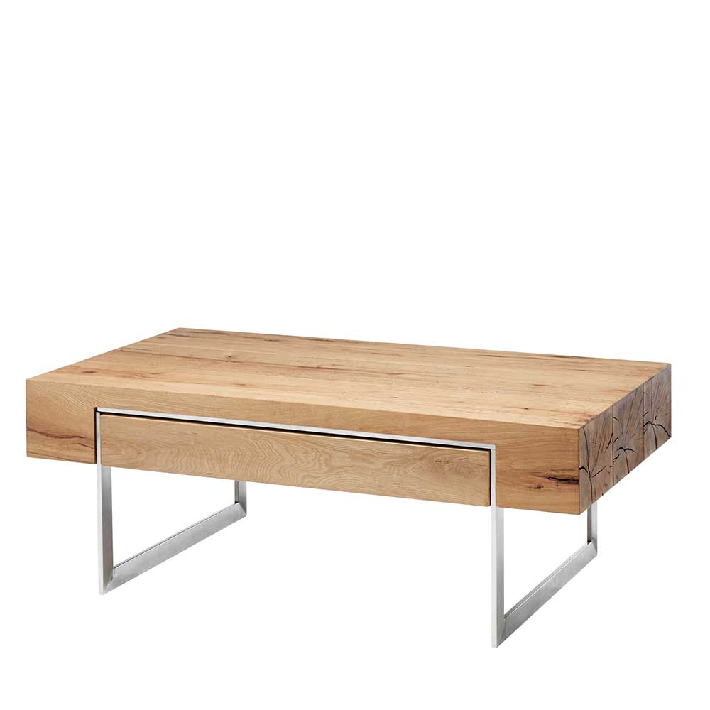Design Wohnzimmer Tisch mit Asteiche Furnier & Schublade & Bügelgestell Krispan
