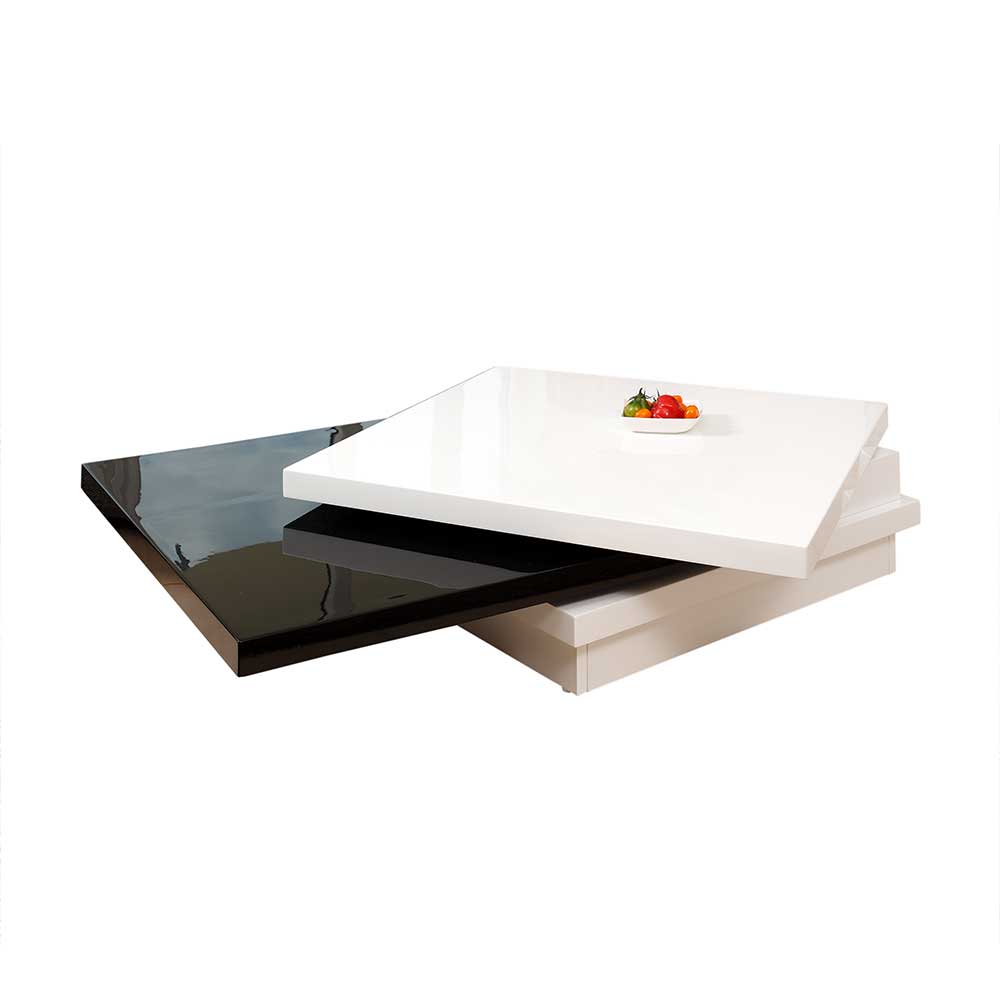 Design Wohnzimmertisch mit drehbaren Tischplatten in Weiß & Schwarz Hochglanz Monterey