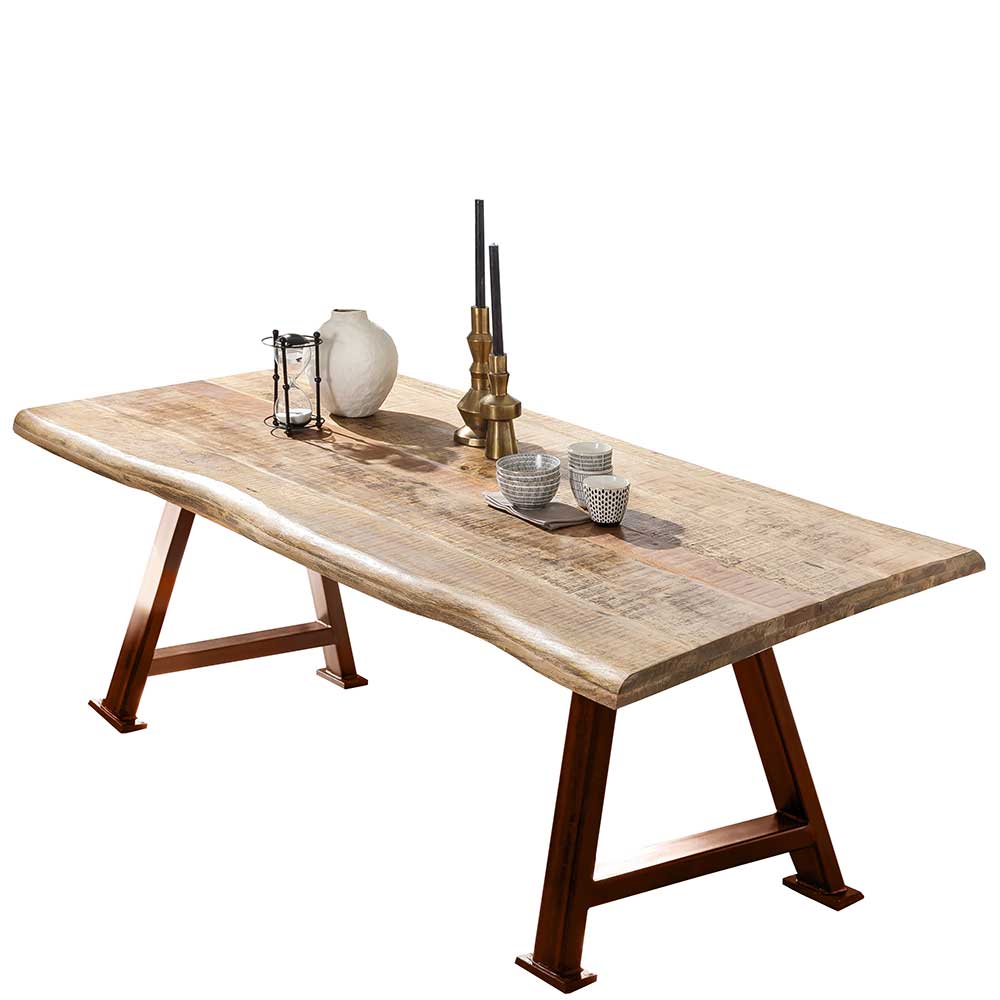 Designer Esstisch mit Baumkante Platte Mango und A Fußgestell in Braun Leveziano
