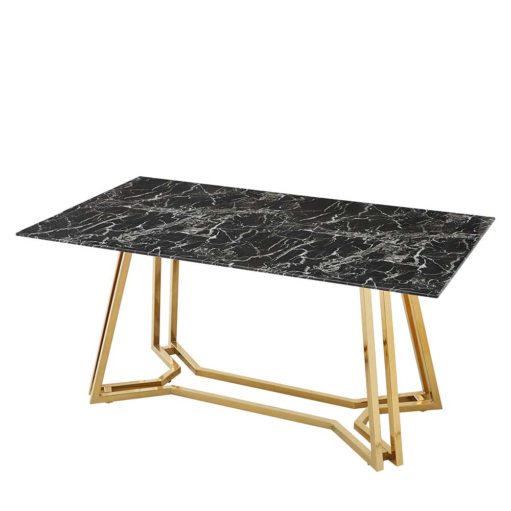 Designer Tisch mit Glasplatte in Marmor Optik Schwarz Weiß & Gestell Gold Mooney