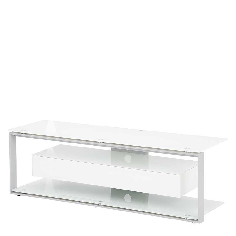 Designer TV Board aus Glas aus Stahl in Weiß & Grau Ostinia