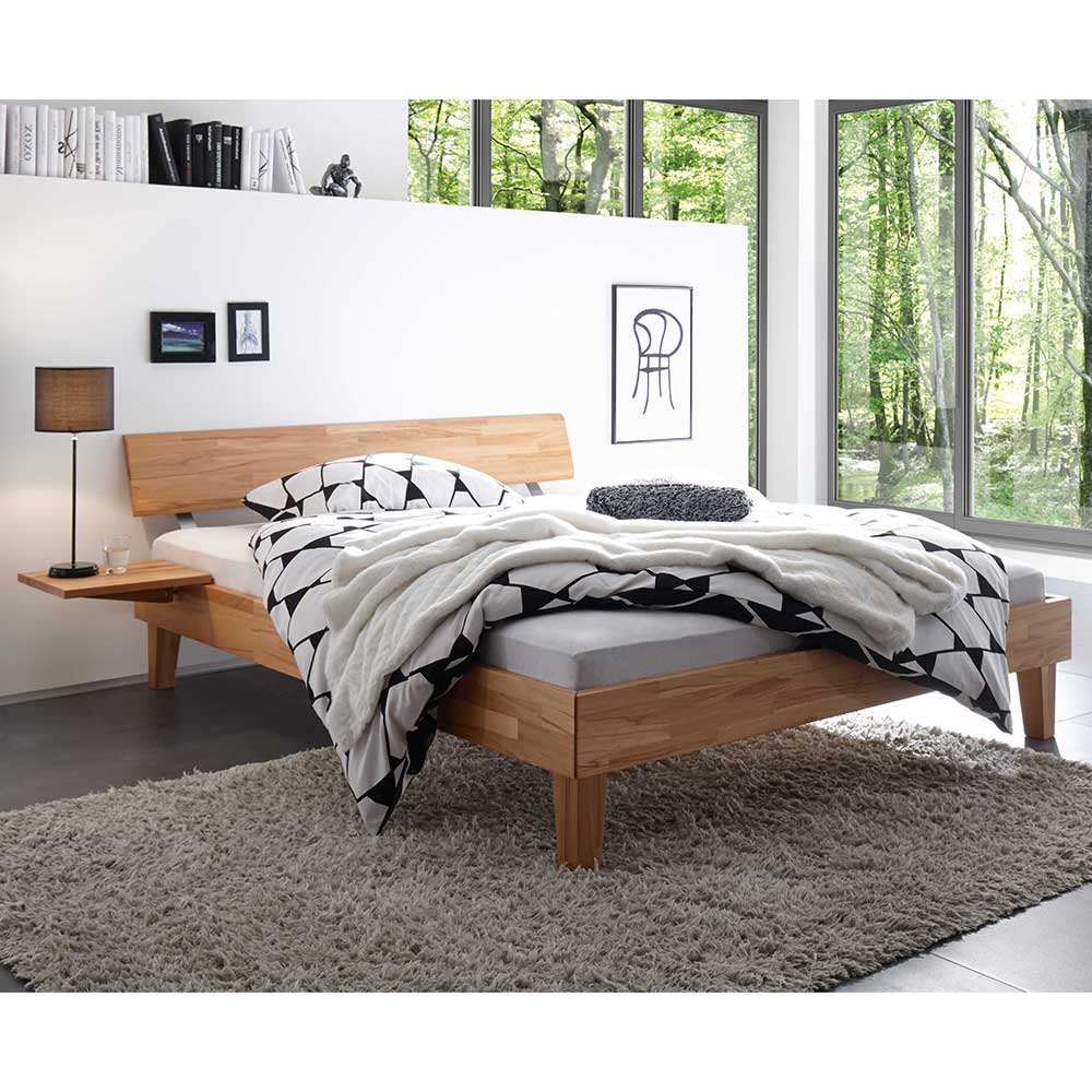 Echtholz Bett mit Hänge-Nachttischen aus Kernbuche Massivholz Vanesto