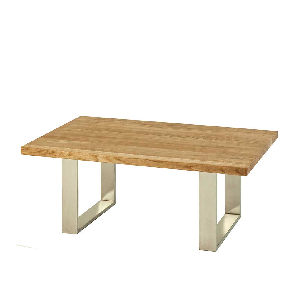 Echtholztisch für Wohnzimmer aus Eiche Massivholz und Edelstahl Marika