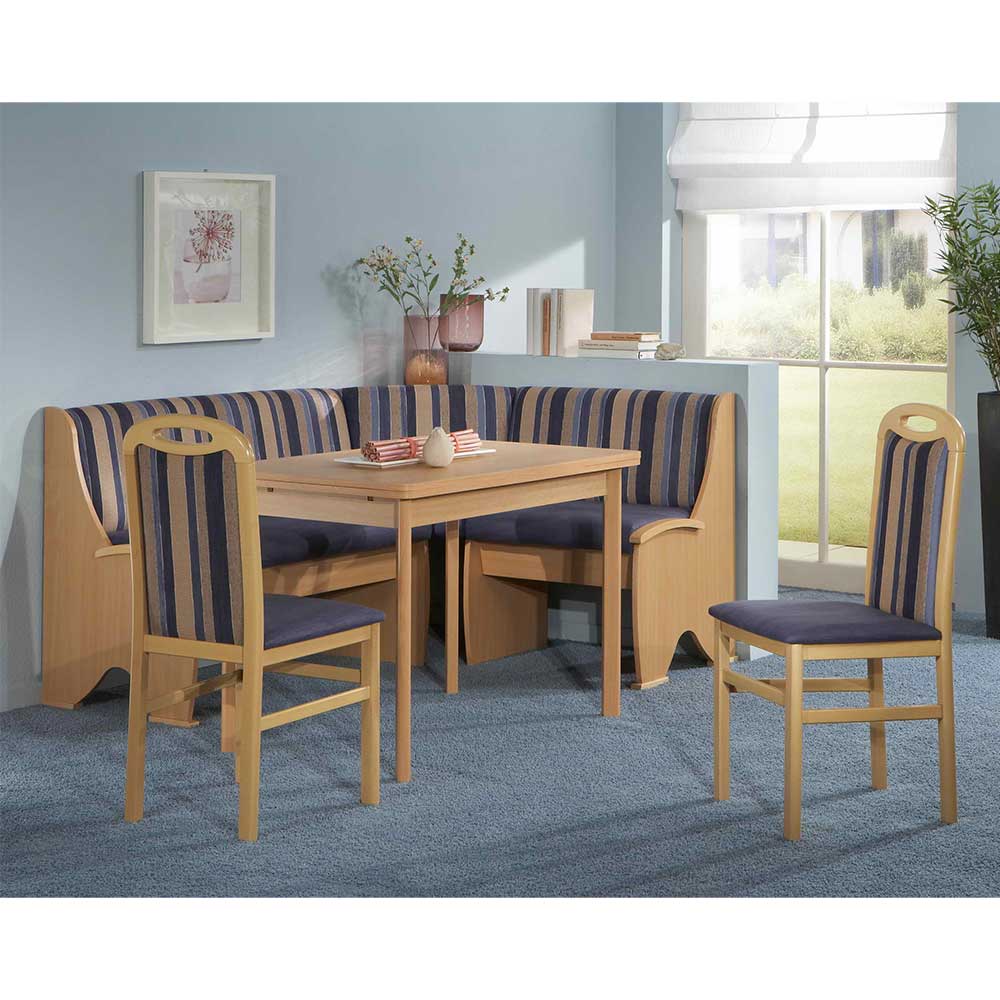 Eckbank Tischgruppe mit 5 Plätzen aus Holz Buche & Microfaser Blau Beige Faye