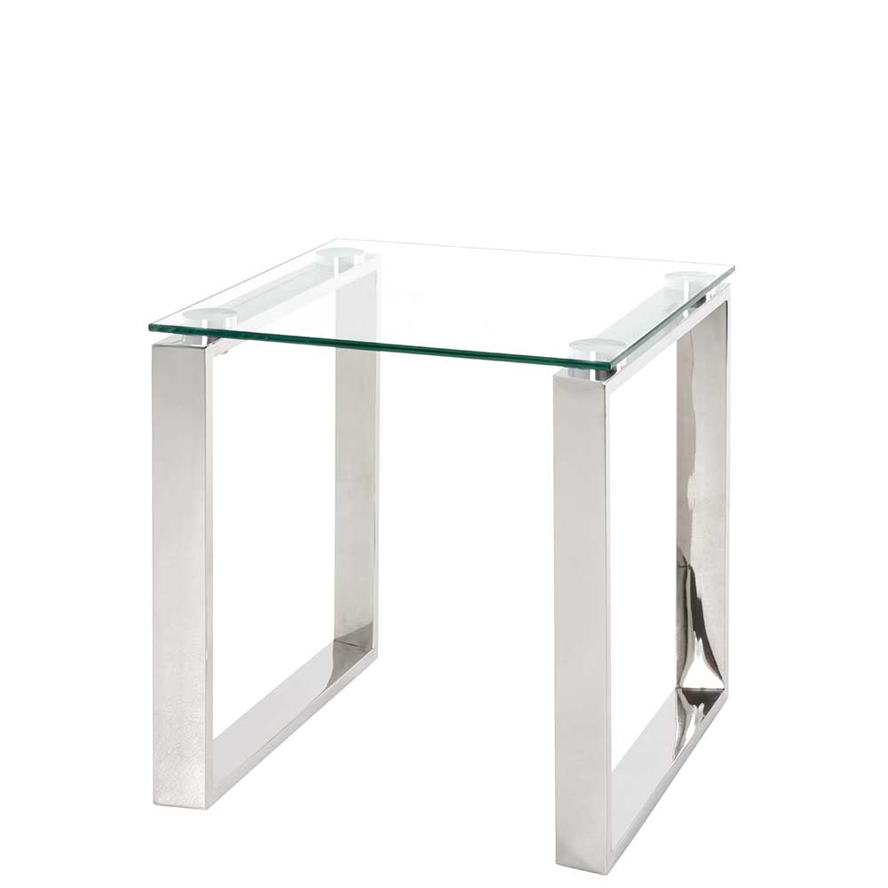 Eleganter Glas Beistelltisch 42x45x42 cm mit Bügelgestell Edelstahl Viesta