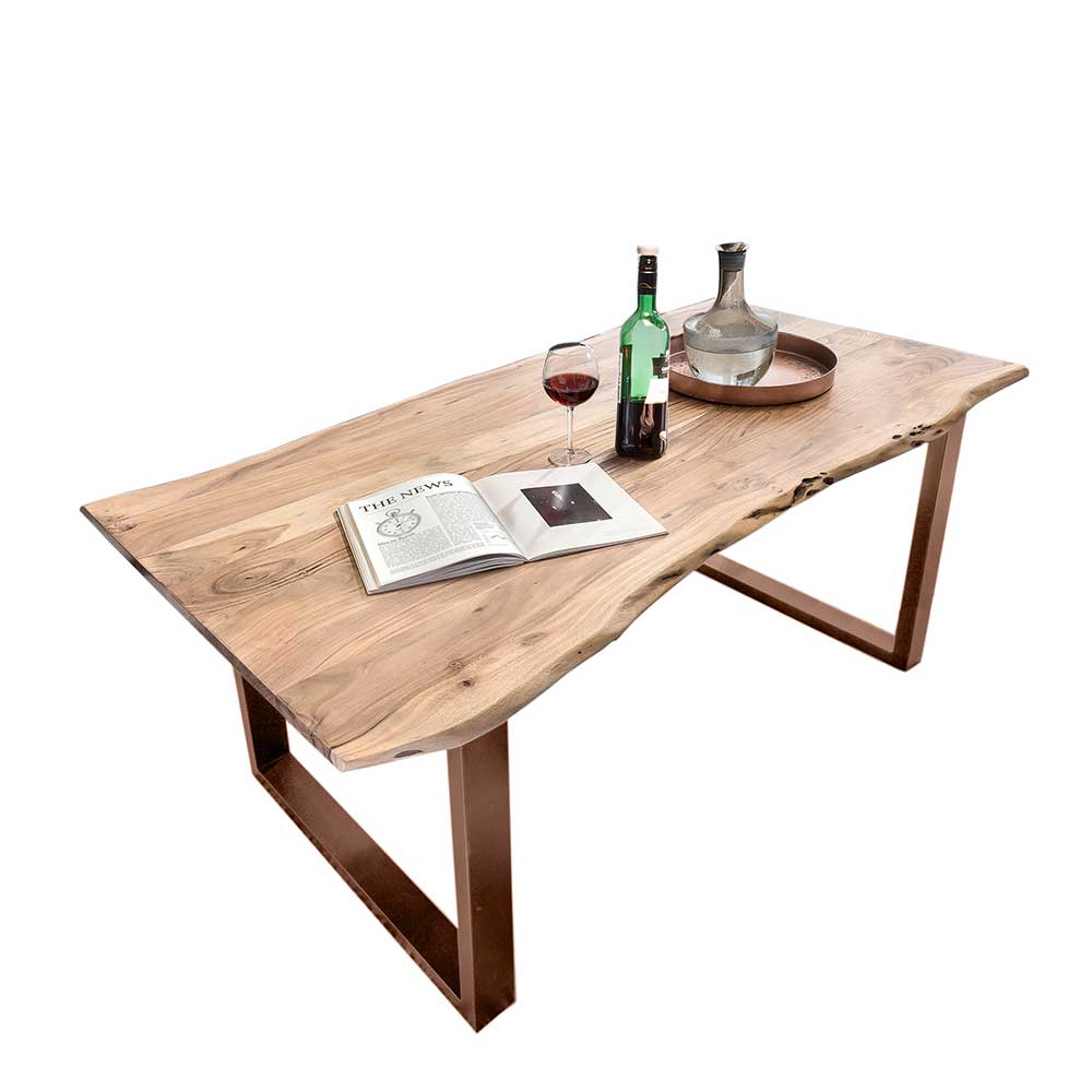 Esstisch mit Baumkante Akazie Holzplatte & Eisen Bügelgestell in Braun Stona