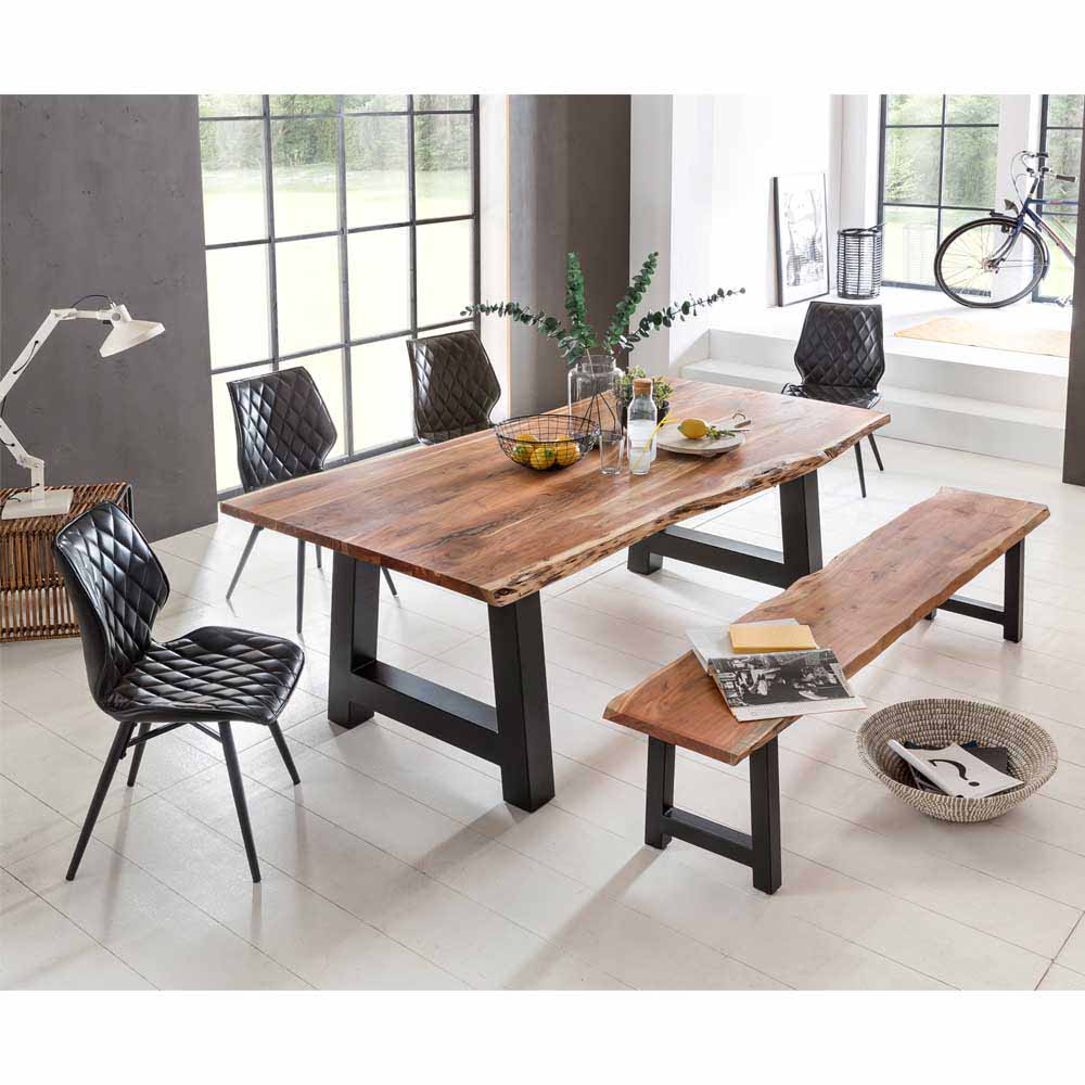 Esstischgruppe Baumkanten Tisch und Bank Akazie massiv schwarze Kunstleder Stühle 6-teilig Sadello