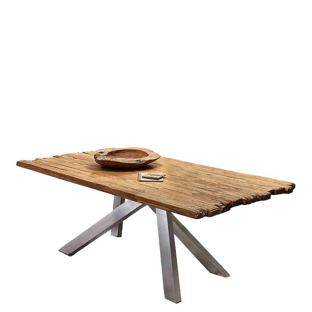 Esszimmer Tisch aus Recyclingholz Teak und Metall in Altsilber Aryma