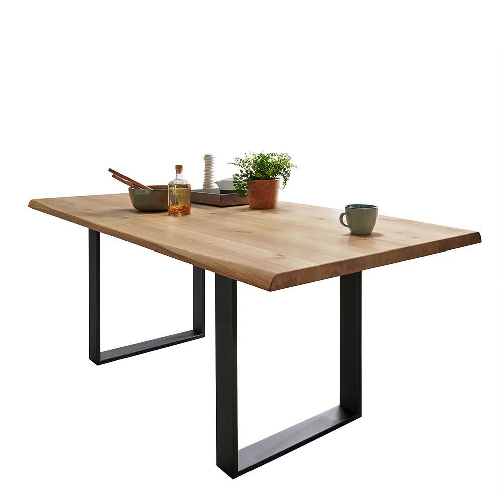 Esszimmer Tisch mit Holzplatte aus Wildeiche & U-Bügelfüßen aus Stahl in Schwarz Rouven