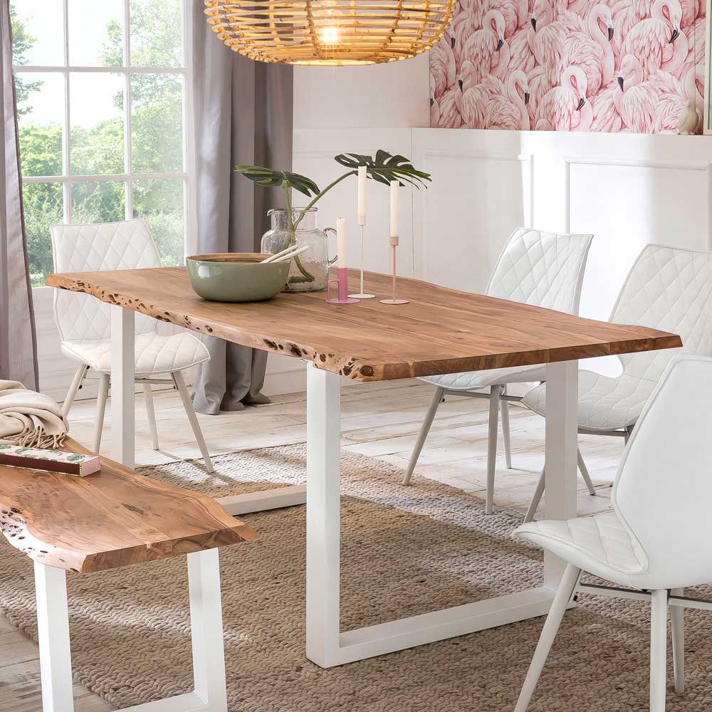Esszimmer Tisch mit Holzplatte Baumkante aus Akazie & Bügelgestell Weiß Oking