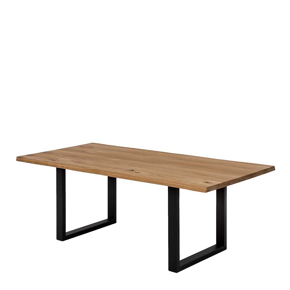 Esszimmertisch aus Wildeichenholz mit Baumkante und Metall U-Beine Schwarz Sarabuja