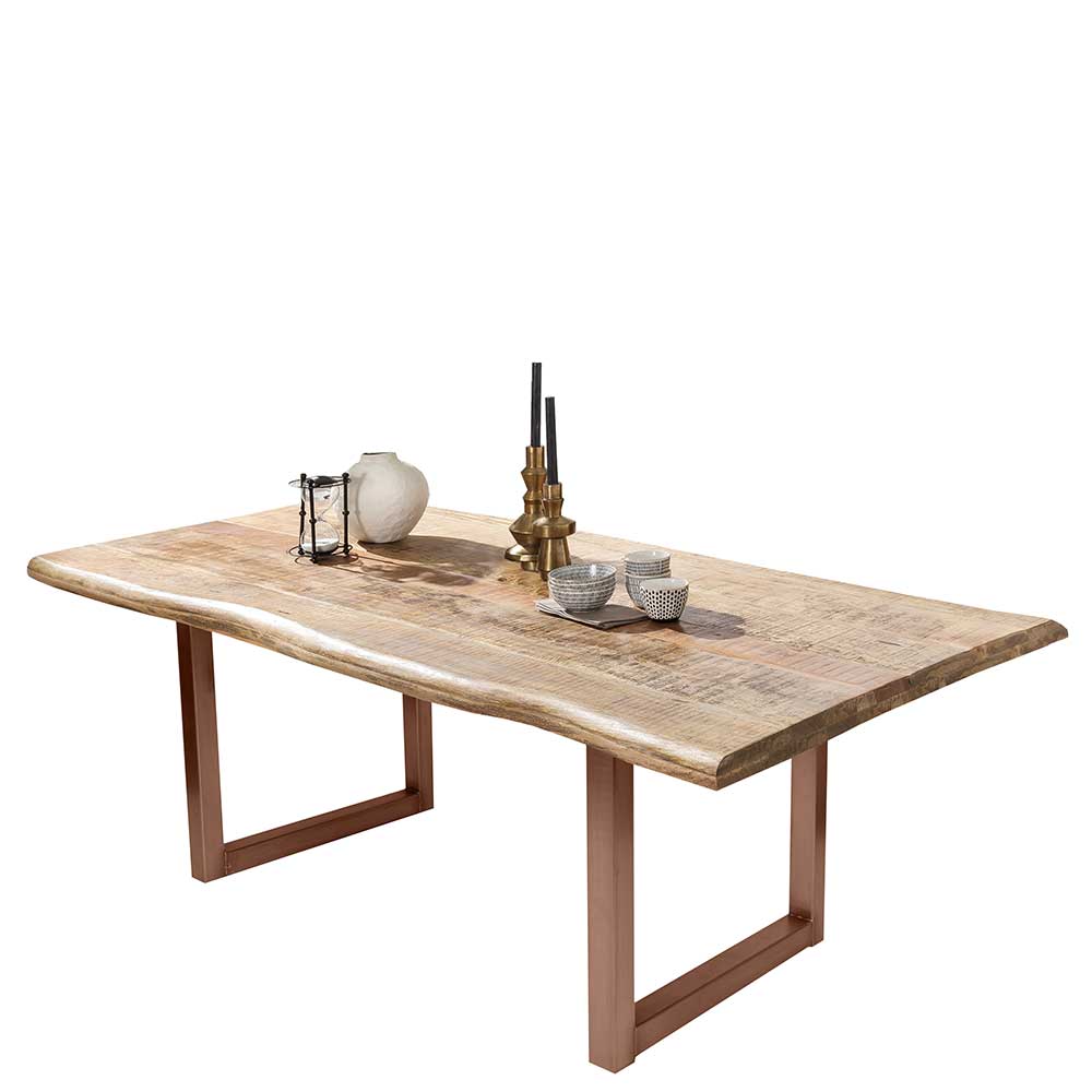 Esszimmertisch mit Baumkante aus Holz Mango mit U-Füßen aus Stahl in Braun Exotica