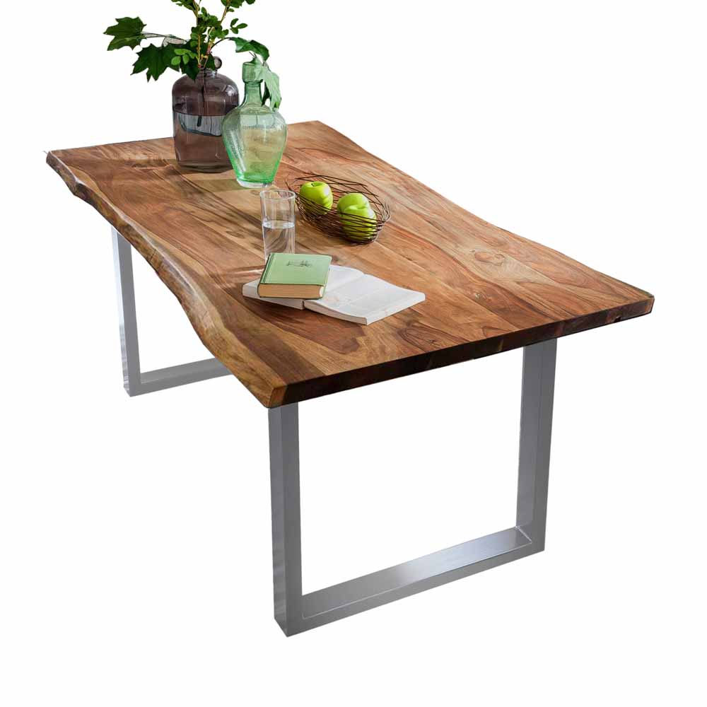 Esszimmertisch Stahl-Untergestell silberfarben organische Holz-Tischplatte Dudora