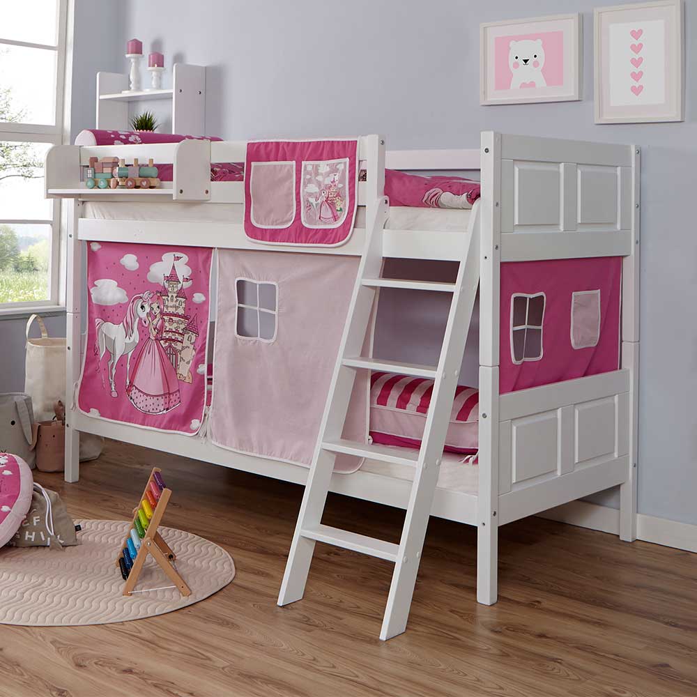Etagenbett mit Schrägleiter aus weißem Holz mit Prinzessin Stoffset in Pink Cadona