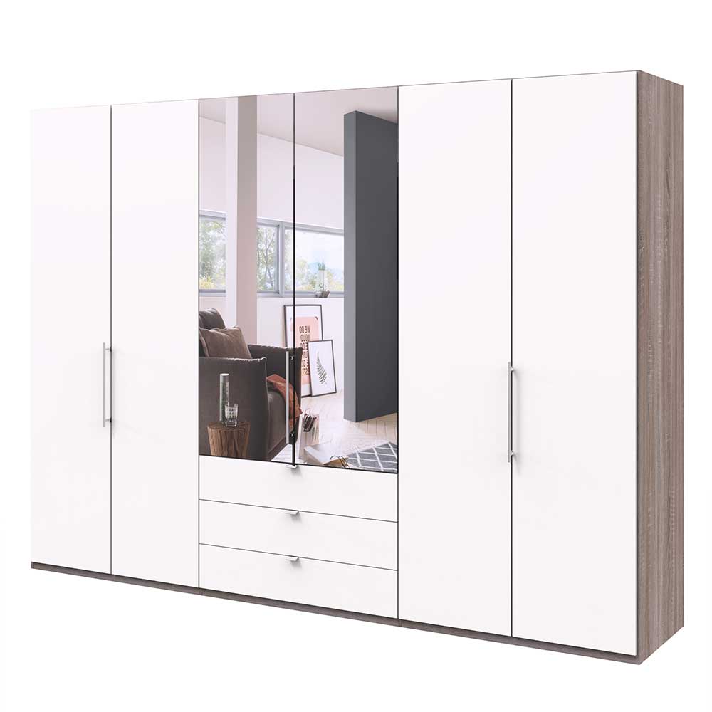 Falttüren-Kleiderschrank mit Spiegel und drei Schubladen & drei Türen Tivierto