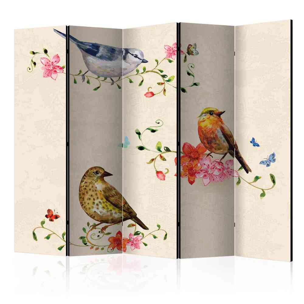 Farbig bedruckter Paravent Nostalgie Motiv mit Vögeln & Blüten Cazatan