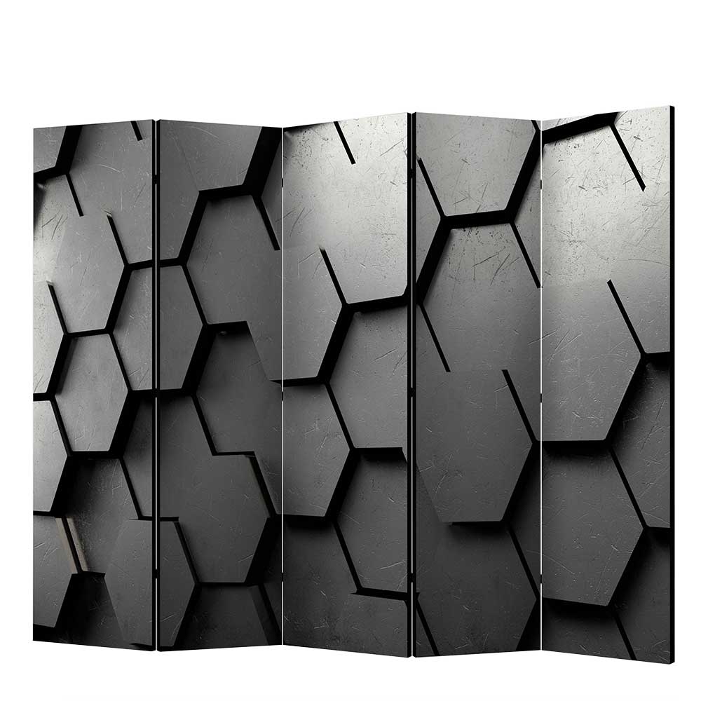 Fünf Elemente Paravent mit Druck Schwarz Grau - Hexagon 3D Effekt Sebetino